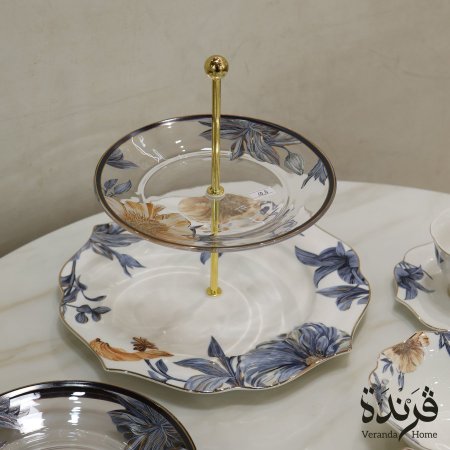 حامل ضيافة بورسلان بطبقتين بنقشة زهور أنيقة